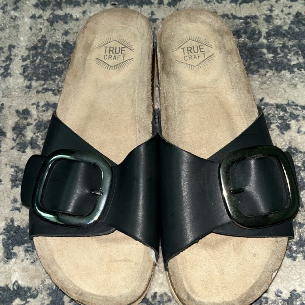 True Craft Black Slide Sandals with Buckle